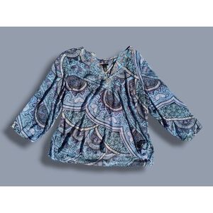 LANE BRYANT 26 28 Blue Bohemian Chic Retro Sheer Top with Ornate Neckline Decor